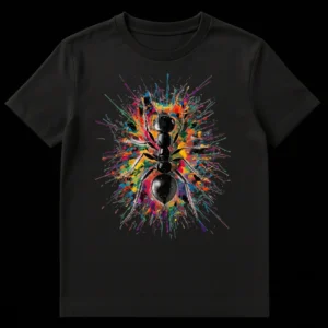 Detailed black ant illustration emerging from an explosion of vibrant, multi-colored paint splatters on a black t-shirt background on Black t-shirt