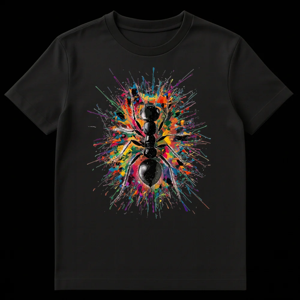 Detailed black ant illustration emerging from an explosion of vibrant, multi-colored paint splatters on a black t-shirt background on Black t-shirt