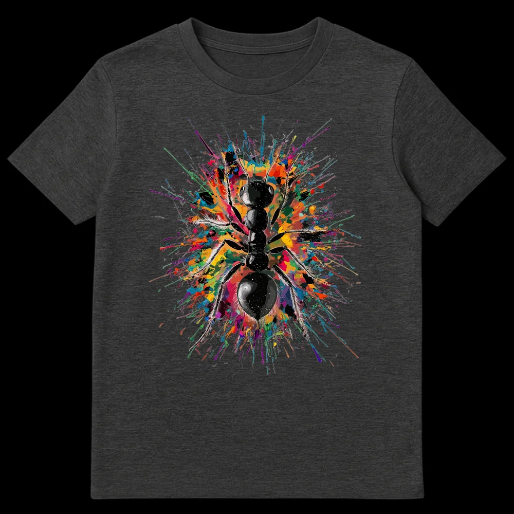 Detailed black ant illustration emerging from an explosion of vibrant, multi-colored paint splatters on a black t-shirt background on Dark Heather t-shirt