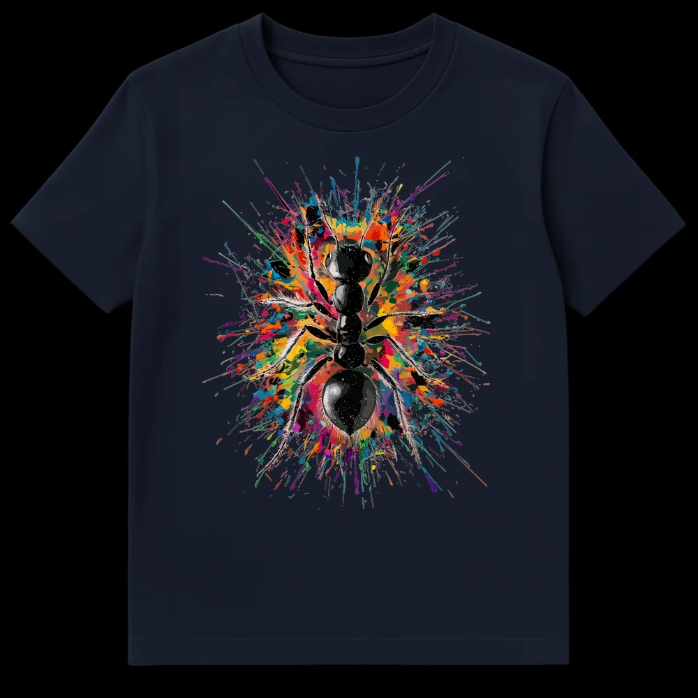 Detailed black ant illustration emerging from an explosion of vibrant, multi-colored paint splatters on a black t-shirt background on Navy Blue t-shirt