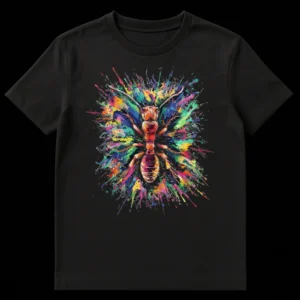 Vibrant Ant Explosion T-Shirt with colorful splatter art and a stylized ant design on a black background on Black t-shirt