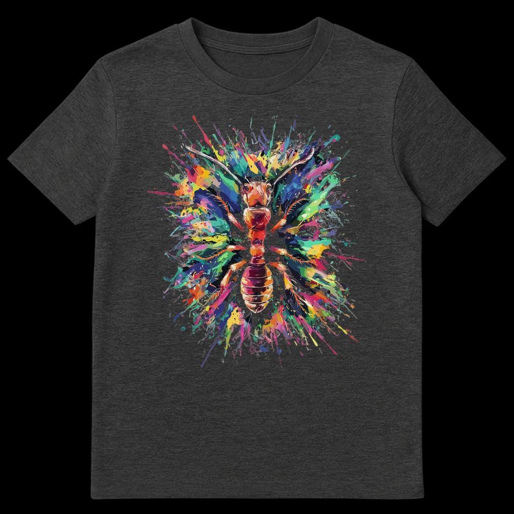 Vibrant Ant Explosion T-Shirt with colorful splatter art and a stylized ant design on a black background on Dark Heather t-shirt