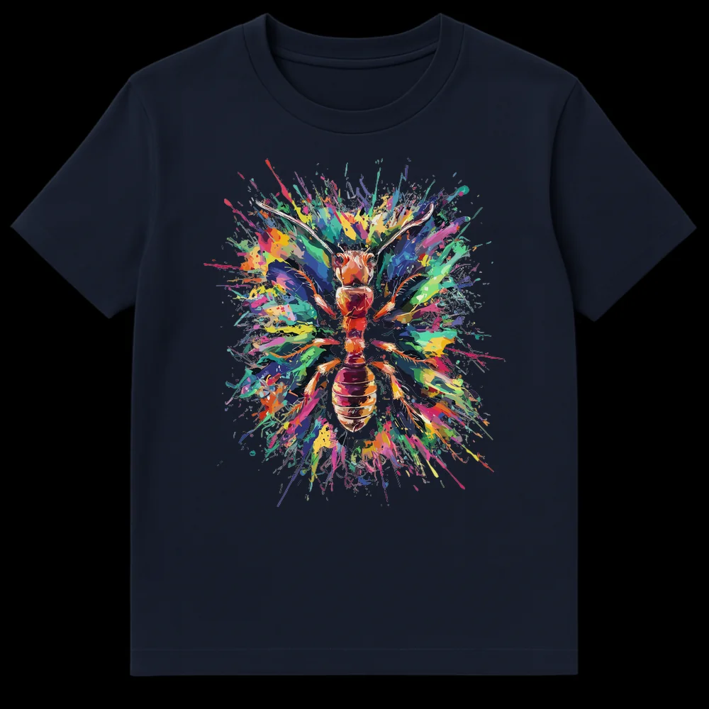 Vibrant Ant Explosion T-Shirt with colorful splatter art and a stylized ant design on a black background on Navy Blue t-shirt