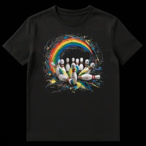 Black t-shirt with a colorful rainbow paint splatter design exploding around scattered white bowling pins. on Black t-shirt