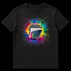 Vibrant cruise ship t-shirt with rainbow paint splatters and black background on Black t-shirt
