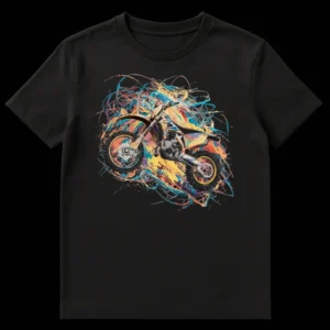 Motocross Rider Splash Art Dirt Bike T-Shirt design with vibrant colors against a black background on Black t-shirt