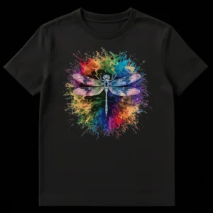 Detailed dragonfly t-shirt with iridescent wings over rainbow paint splatter on black background on Black t-shirt