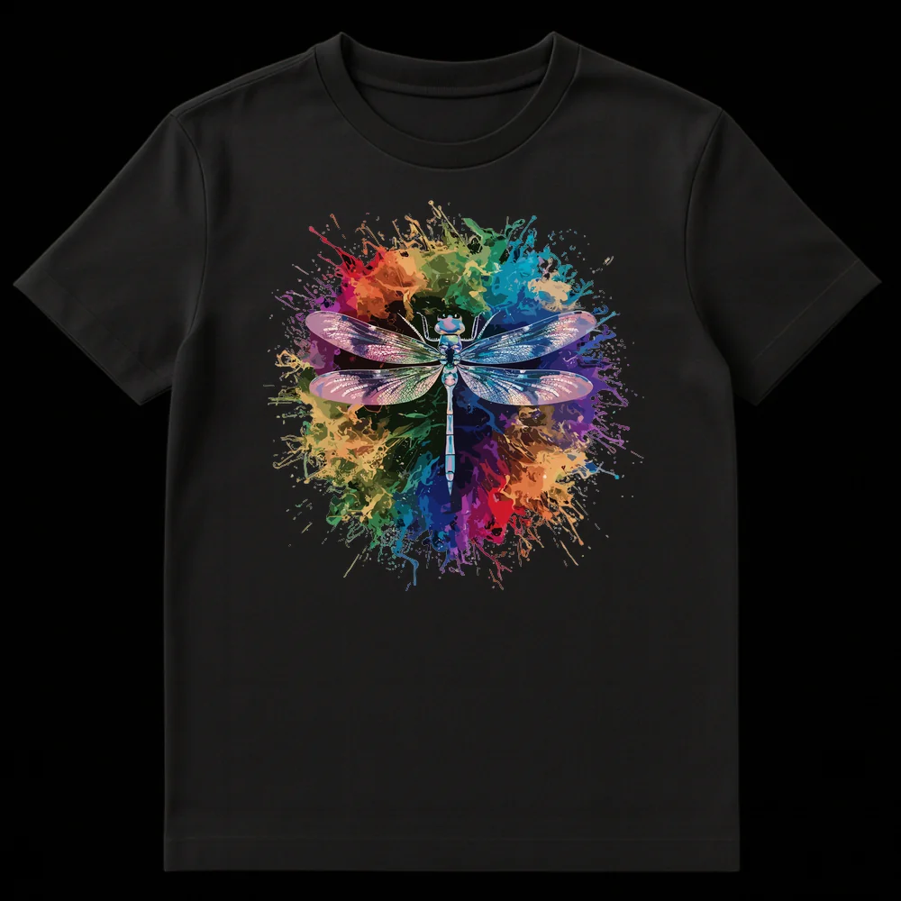 Detailed dragonfly t-shirt with iridescent wings over rainbow paint splatter on black background on Black t-shirt