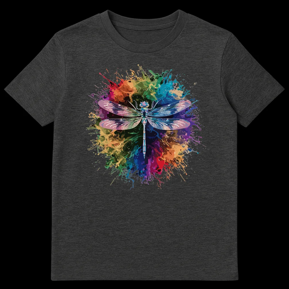Detailed dragonfly t-shirt with iridescent wings over rainbow paint splatter on black background on Dark Heather t-shirt