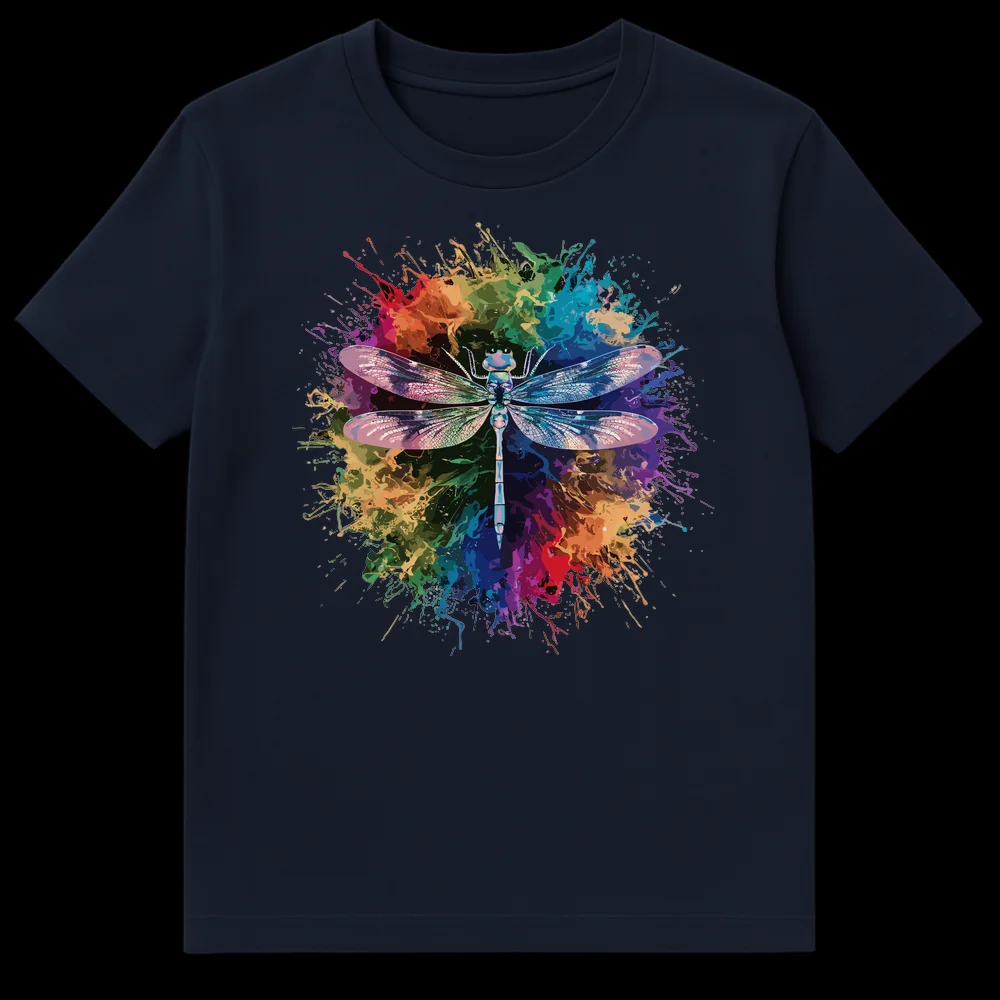 Detailed dragonfly t-shirt with iridescent wings over rainbow paint splatter on black background on Navy Blue t-shirt