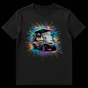 Dynamic G60 paint splatter golf cart graphic t-shirt with teal, purple, orange colors on Black t-shirt