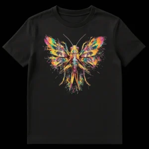Vibrant Pop Art Grasshopper T-Shirt with colorful splatter paint design on a black background on Black t-shirt