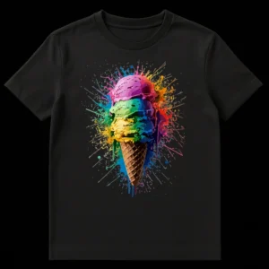 Vibrant rainbow splatter ice cream cone graphic design on a black t-shirt, showcasing pink, green, yellow scoops with paint drip effects. on Black t-shirt