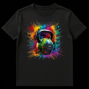 Vibrant kettlebell design with colorful paint splatters on a black t-shirt, featuring 'FEIZ 16 LBS' on the kettlebell. Dynamic fitness art. on Black t-shirt