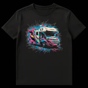 Abstract Expressionist Pop Art RV T-Shirt with vibrant paint splatters, featuring a camper van on a black background for travel enthusiasts. on Black t-shirt