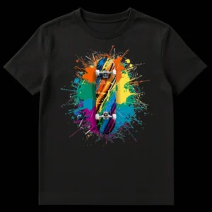 Vibrant skateboard design with multi-color paint splatters on a black t-shirt, showcasing street art style. on Black t-shirt