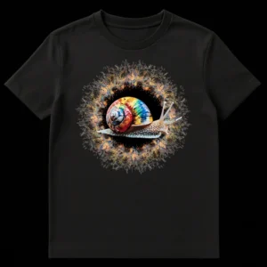 Close-up of a t-shirt featuring a stylized snail with a rainbow-colored shell and an abstract, colorful background. on Black t-shirt