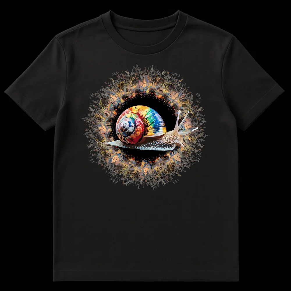 Close-up of a t-shirt featuring a stylized snail with a rainbow-colored shell and an abstract, colorful background. on Black t-shirt