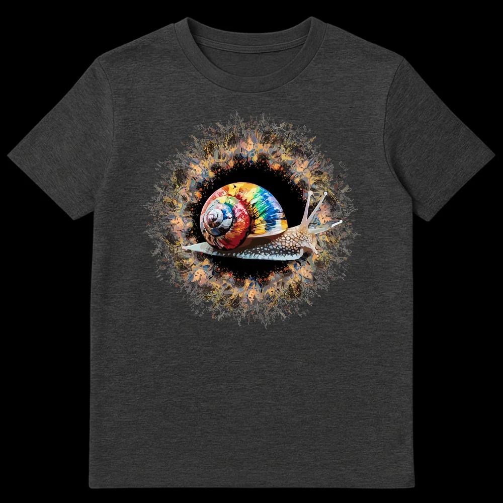 Close-up of a t-shirt featuring a stylized snail with a rainbow-colored shell and an abstract, colorful background. on Dark Heather t-shirt