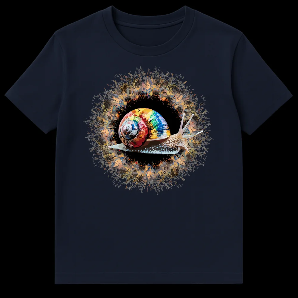 Close-up of a t-shirt featuring a stylized snail with a rainbow-colored shell and an abstract, colorful background. on Navy Blue t-shirt