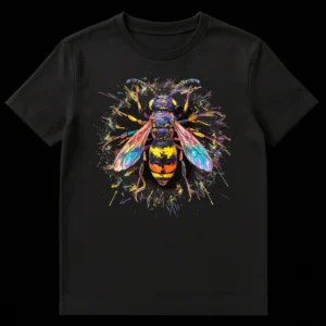 Vibrant abstract splatter paint bee t-shirt with rainbow colors on black background on Black t-shirt
