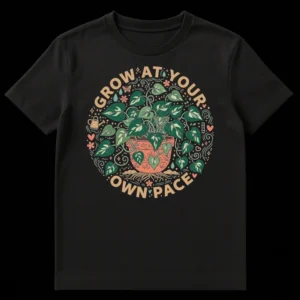 Black t-shirt with a circular botanical illustration of a trailing potted plant and a watering can, encircled by the text 'GROW AT YOUR OWN PACE' with a heart graphic and other decorative elements. Design uses muted green, tan, terracotta, and light blue colors. on Black t-shirt