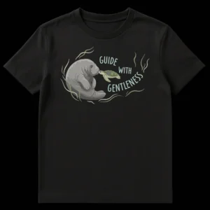 Manatee and sea turtle design t-shirt with 'GUIDE WITH GENTLENESS' text on Black t-shirt