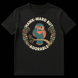 HAWK-WARD BUT ADORABLE t-shirt featuring a cute, shy hawk bird peeking, surrounded by botanical elements in an earthy, whimsical style. on Black t-shirt