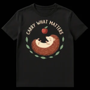 Cartoon sleeping hedgehog on back with apple above, surrounded by leaves, text 'CARRY WHAT MATTERS' on black t-shirt on Black t-shirt