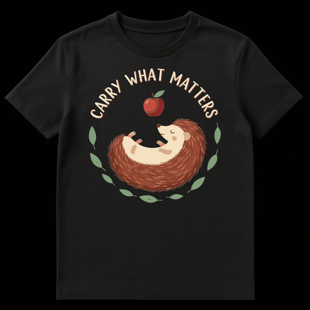 Cartoon sleeping hedgehog on back with apple above, surrounded by leaves, text 'CARRY WHAT MATTERS' on black t-shirt on Black t-shirt