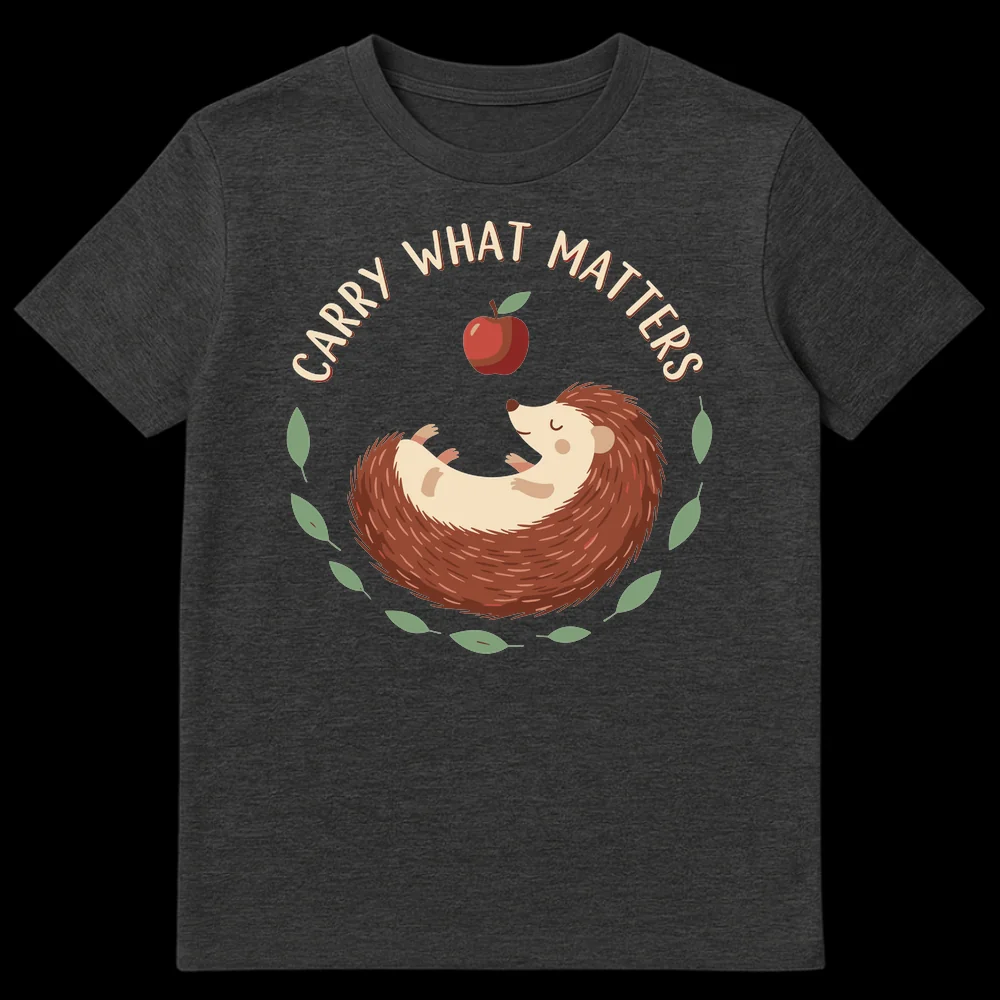 Cartoon sleeping hedgehog on back with apple above, surrounded by leaves, text 'CARRY WHAT MATTERS' on black t-shirt on Dark Heather t-shirt