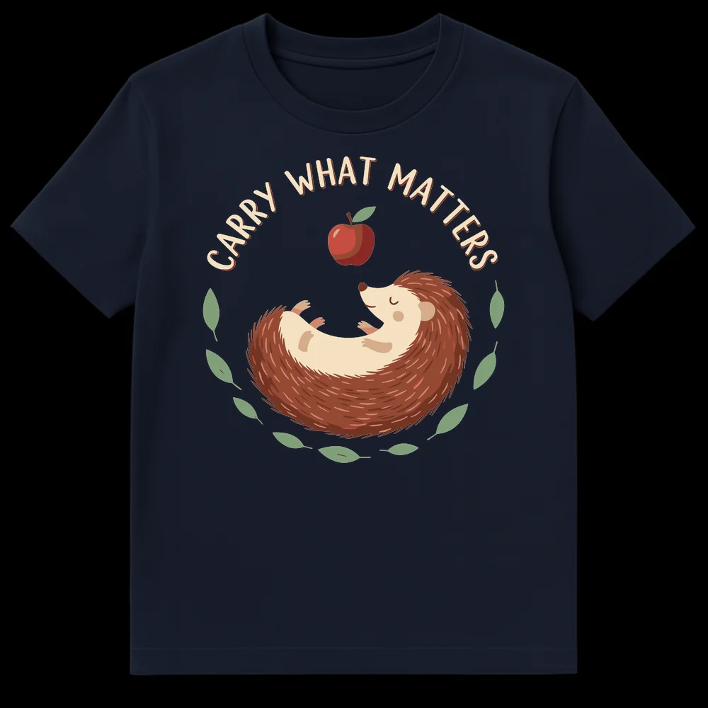 Cartoon sleeping hedgehog on back with apple above, surrounded by leaves, text 'CARRY WHAT MATTERS' on black t-shirt on Navy Blue t-shirt
