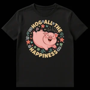 Cheerful cartoon pig t-shirt with 'HOG ALL THE HAPPINESS' text surrounded by flowers and clovers on a black background on Black t-shirt