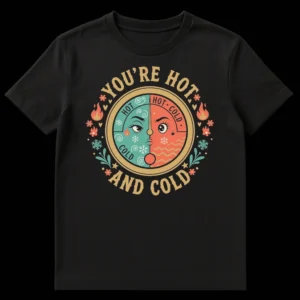 You're Hot and Cold split-face emotional graphic t-shirt with teal and coral tones on Black t-shirt