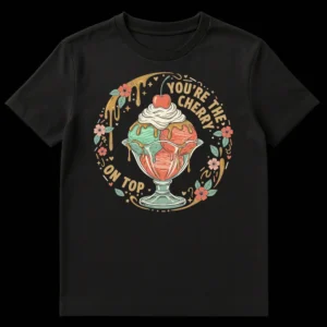 Retro ice cream sundae t-shirt with 'YOU'RE THE CHERRY ON TOP' text, ideal for expressing love and appreciation to someone special. on Black t-shirt