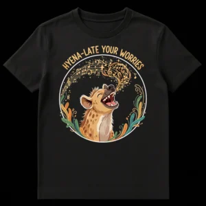 Joyful hyena t-shirt with musical notes and 'HYENA-LATE YOUR WORRIES' text on Black t-shirt