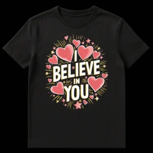 Black t-shirt with 'I BELIEVE IN YOU' in white and yellow, surrounded by pink hearts, yellow stars, and yellow burst lines. on Black t-shirt