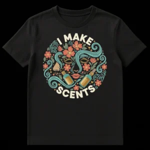 I MAKE SCENTS t-shirt with Art Nouveau style face, flowers, and essential oil bottles in teal, coral, and ochre on black background. on Black t-shirt