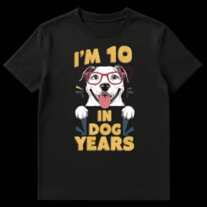 Cute cartoon dog with red glasses wearing a "I'M 10 IN DOG YEARS" t-shirt, celebrating a 70th birthday. on Black t-shirt