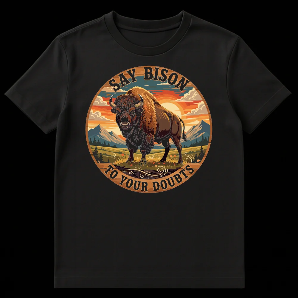 Vintage national park style t-shirt with a bison and the text 'SAY BISON TO YOUR DOUBTS' on Black t-shirt