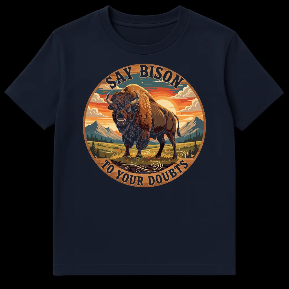 Vintage national park style t-shirt with a bison and the text 'SAY BISON TO YOUR DOUBTS' on Navy Blue t-shirt