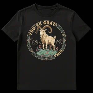 YOU'VE GOAT THIS T-shirt with a detailed folk art illustration of a mountain goat on a rocky hill with flowers and bells, within an ornate circular frame on Black t-shirt