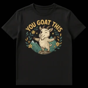 YOU GOAT THIS funny pun t-shirt with a cartoon goat winking on a tree stump against mountains and flowers on Black t-shirt