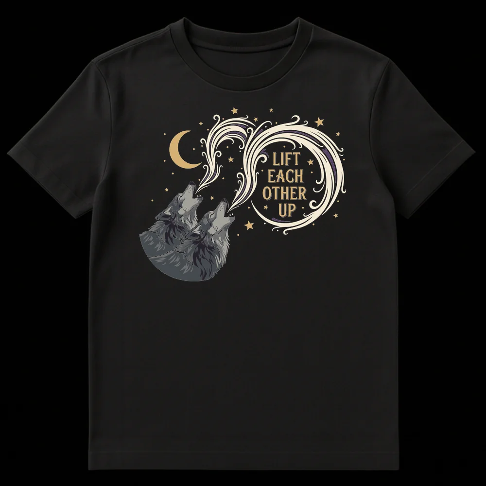 Two howling wolves under a crescent moon with 'LIFT EACH OTHER UP' text on Black t-shirt