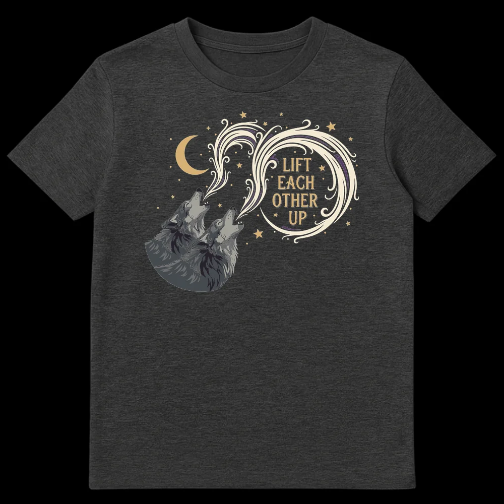 Two howling wolves under a crescent moon with 'LIFT EACH OTHER UP' text on Dark Heather t-shirt