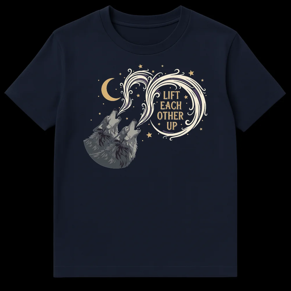 Two howling wolves under a crescent moon with 'LIFT EACH OTHER UP' text on Navy Blue t-shirt