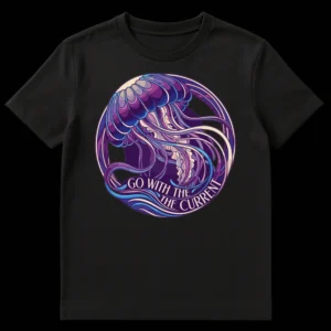 Art Nouveau jellyfish t-shirt with text 'GO WITH THE THE CURRENT' in vibrant purples and blues on black fabric. on Black t-shirt
