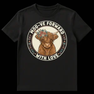 Highland Cow 'Moo-ve Forward With Love' T-Shirt with floral crown and pun on Black t-shirt