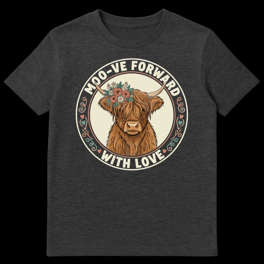 Highland Cow 'Moo-ve Forward With Love' T-Shirt with floral crown and pun on Dark Heather t-shirt