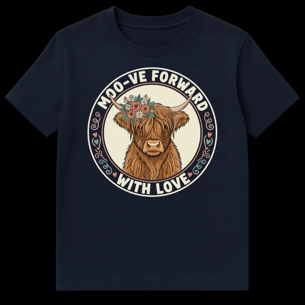 Highland Cow 'Moo-ve Forward With Love' T-Shirt with floral crown and pun on Navy Blue t-shirt